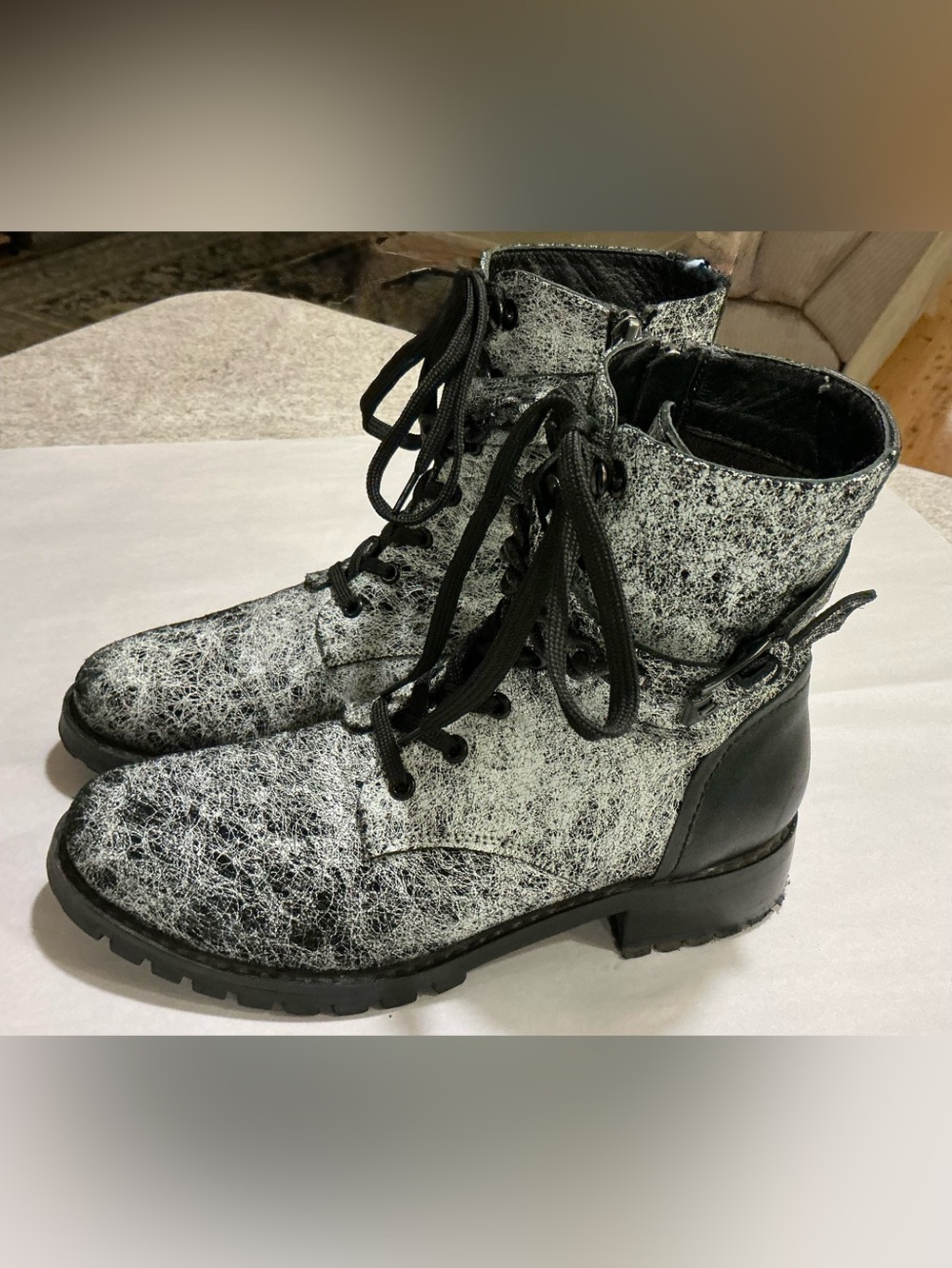 Kate Gray Graffiti Side Zip Combat Boot Chain Buckle Detail Black Gray Suede 7.5